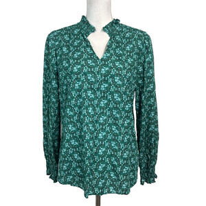 Talbots Blouse sz Medium Dark Green Floral Cottage Core Smocking Prairie Modest